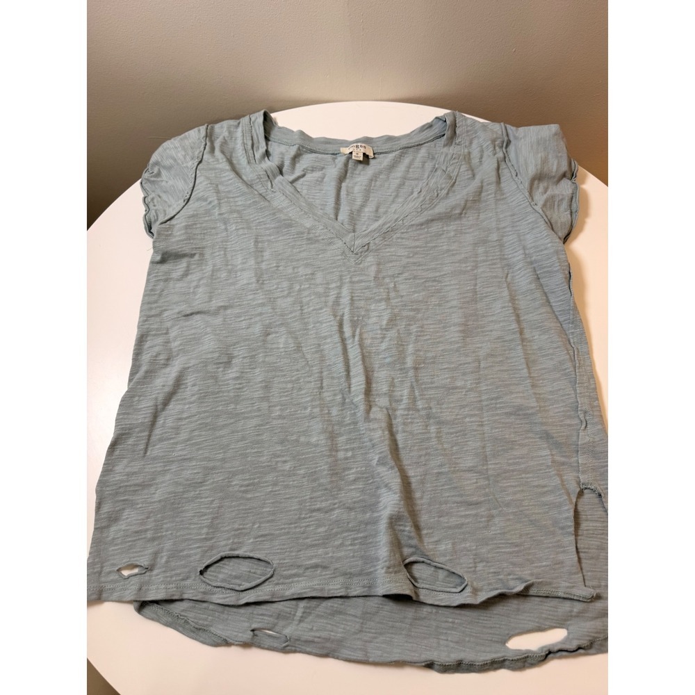 Umgee T-Shirt Women Medium Sage Green Y2K Distressed Slub V-Neck Boho Tee